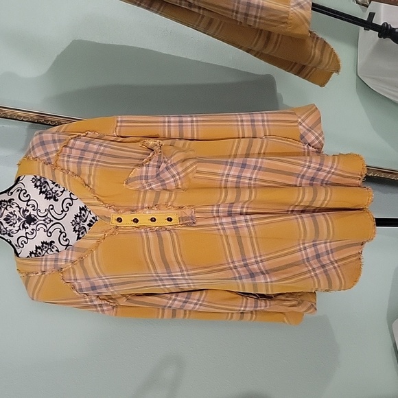 Free People Intimately Mustard Yellow Plaid Raw Hem Tunic - Picture 3 of 8